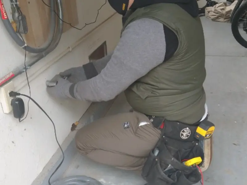 Electrician performing outlet wiring in a Brillion garage